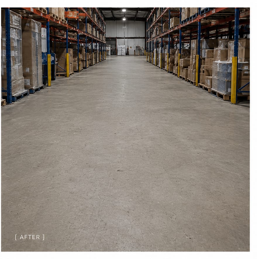 The same warehouse floor after industrial sweeping
