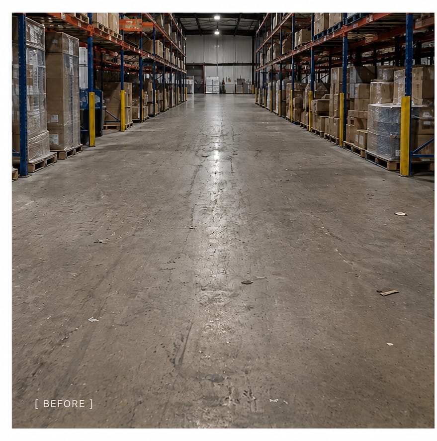 Warehouse floor before industrial sweeping